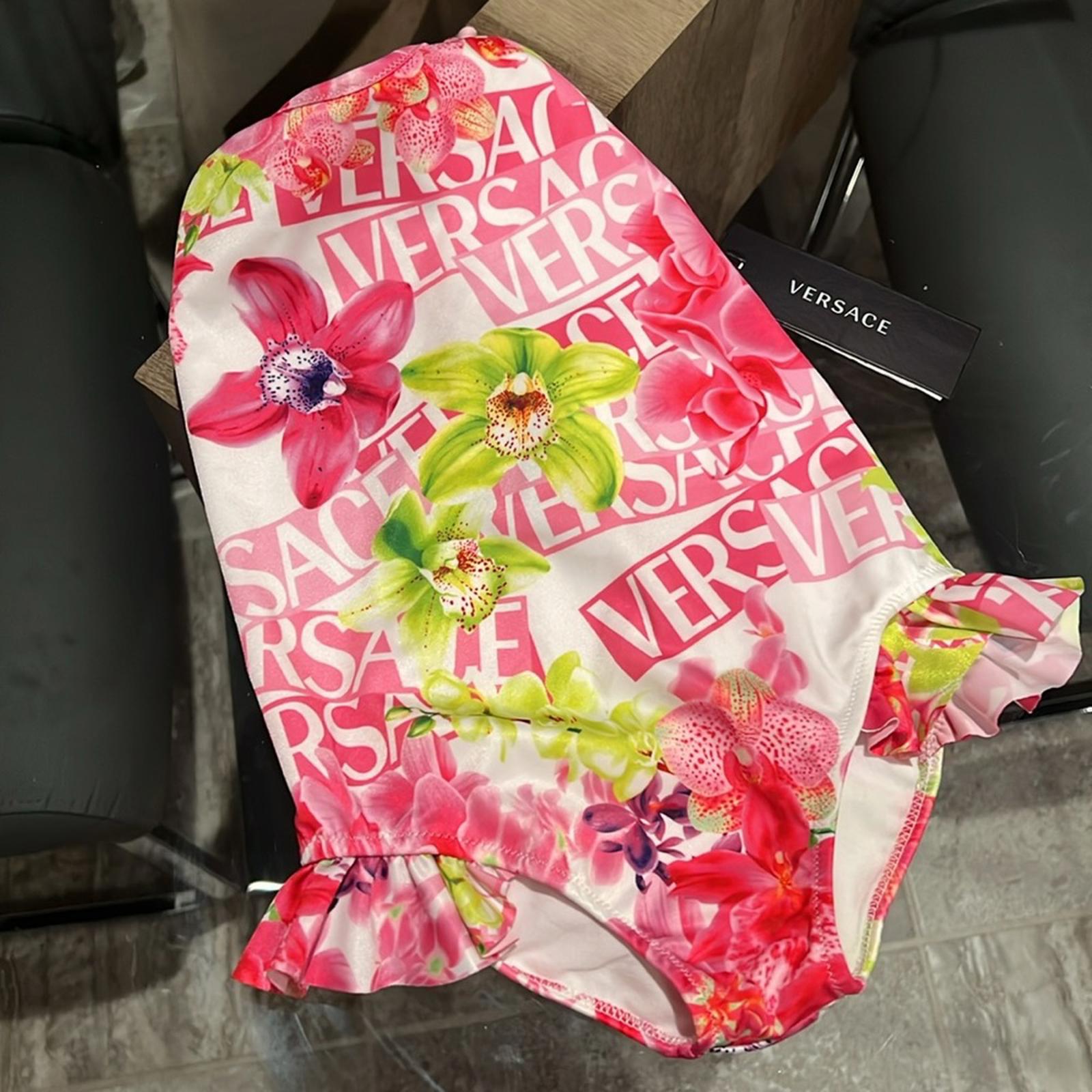 Versace Girls' Orchid & Logo Print Swimsuit - Size 36 Months New w/Tag