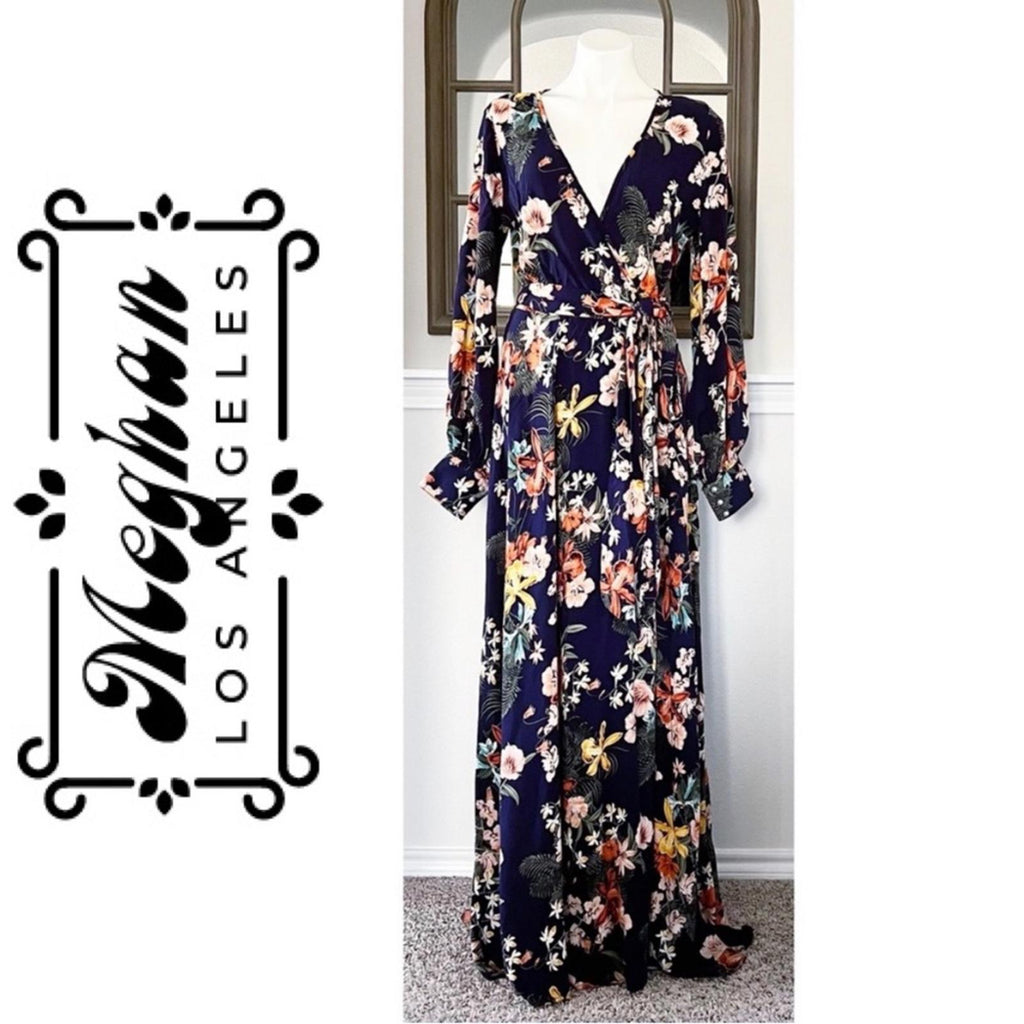 Meghan LA Floral Maxi Dress Navy Lilypad Split Neck Size XL EXCELLENT! $399