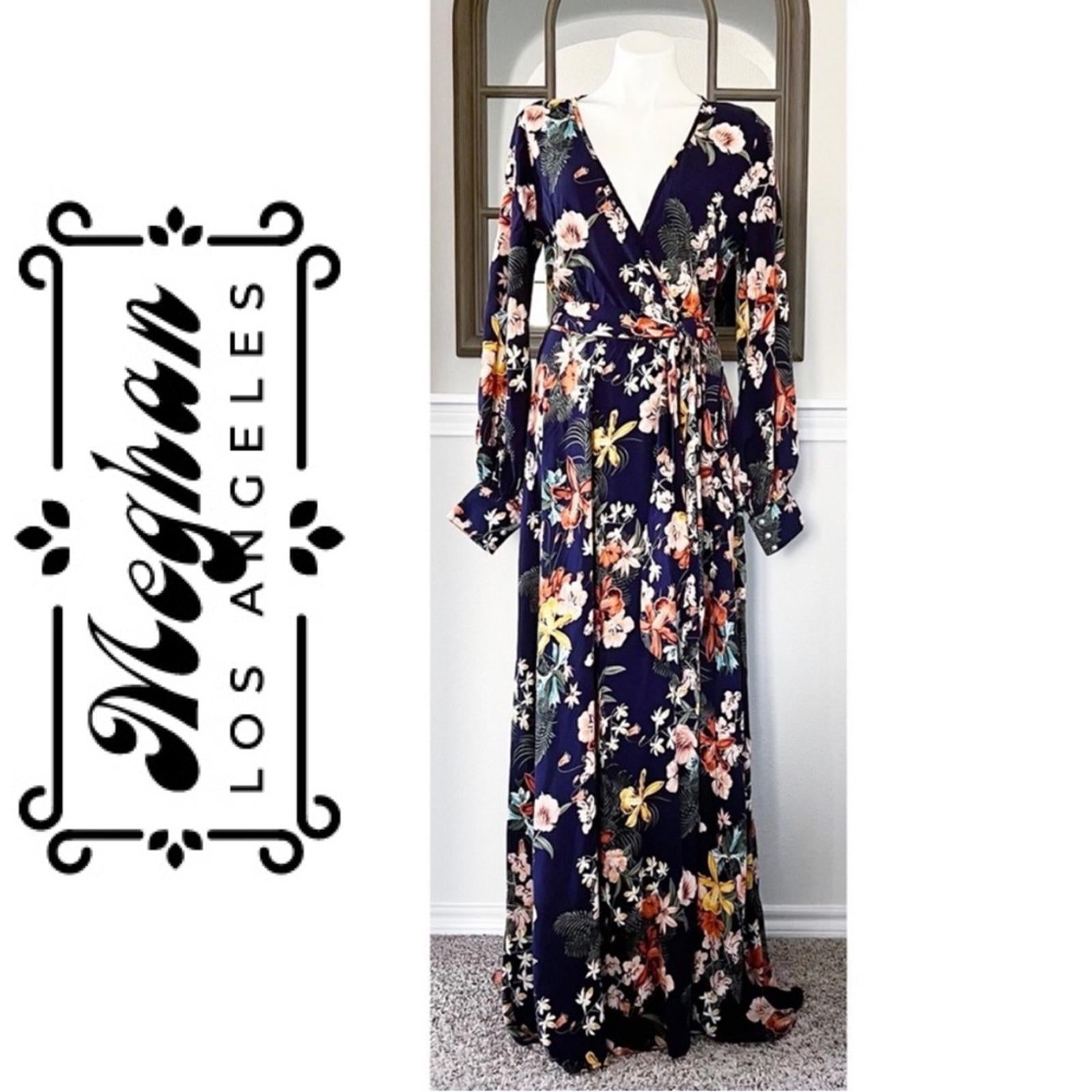 Meghan LA Floral Maxi Dress Navy Lilypad Split Neck Size XL EXCELLENT! $399