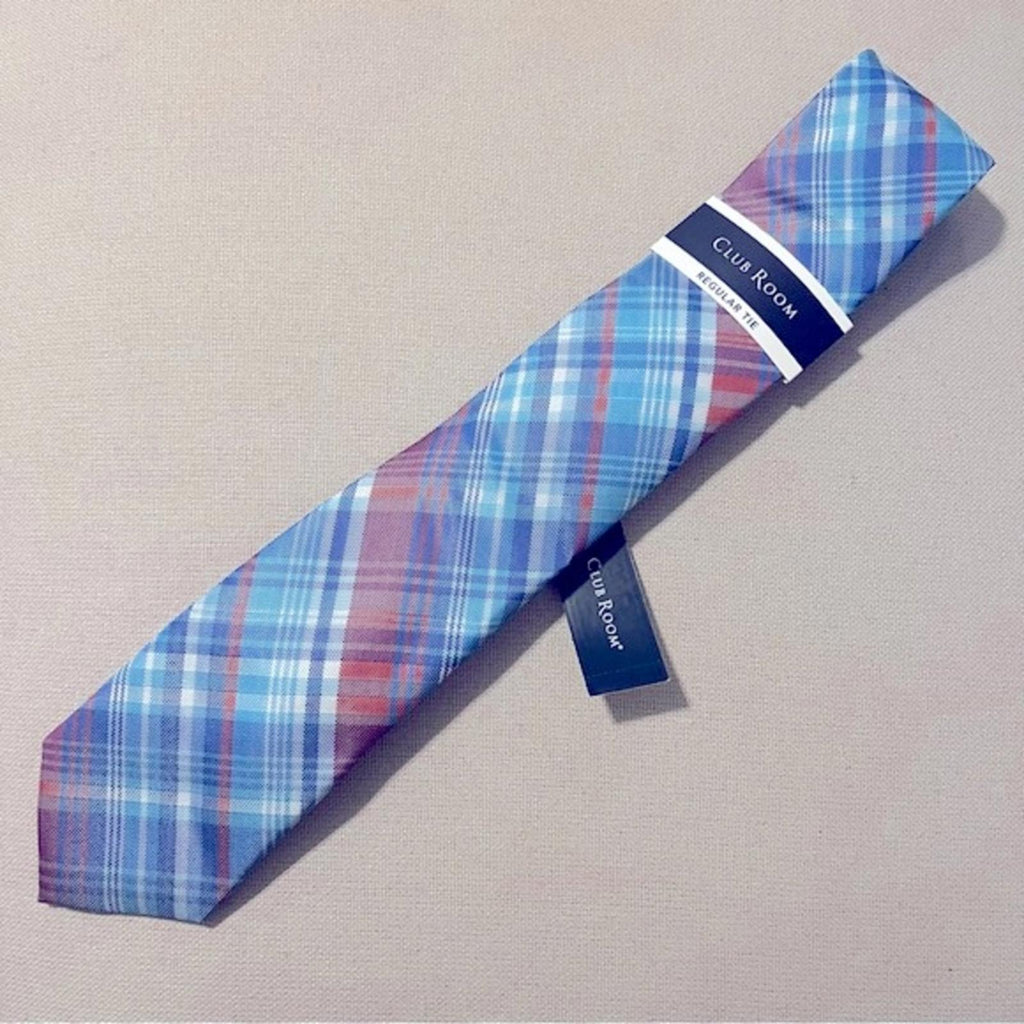Club Room Garcia Plaid Neck Tie in Aqua Blue Pink,
Style 1CRC22-1029 New w/Tag
