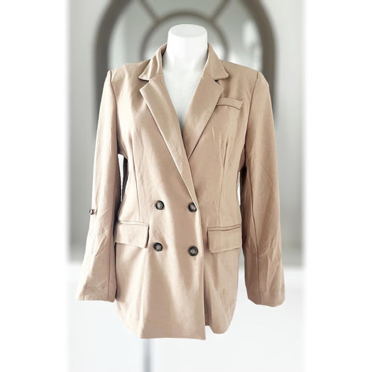 NY Collection Long Sleeve Double Breasted Crepe Jacket, Stucco Size M New w/Tag