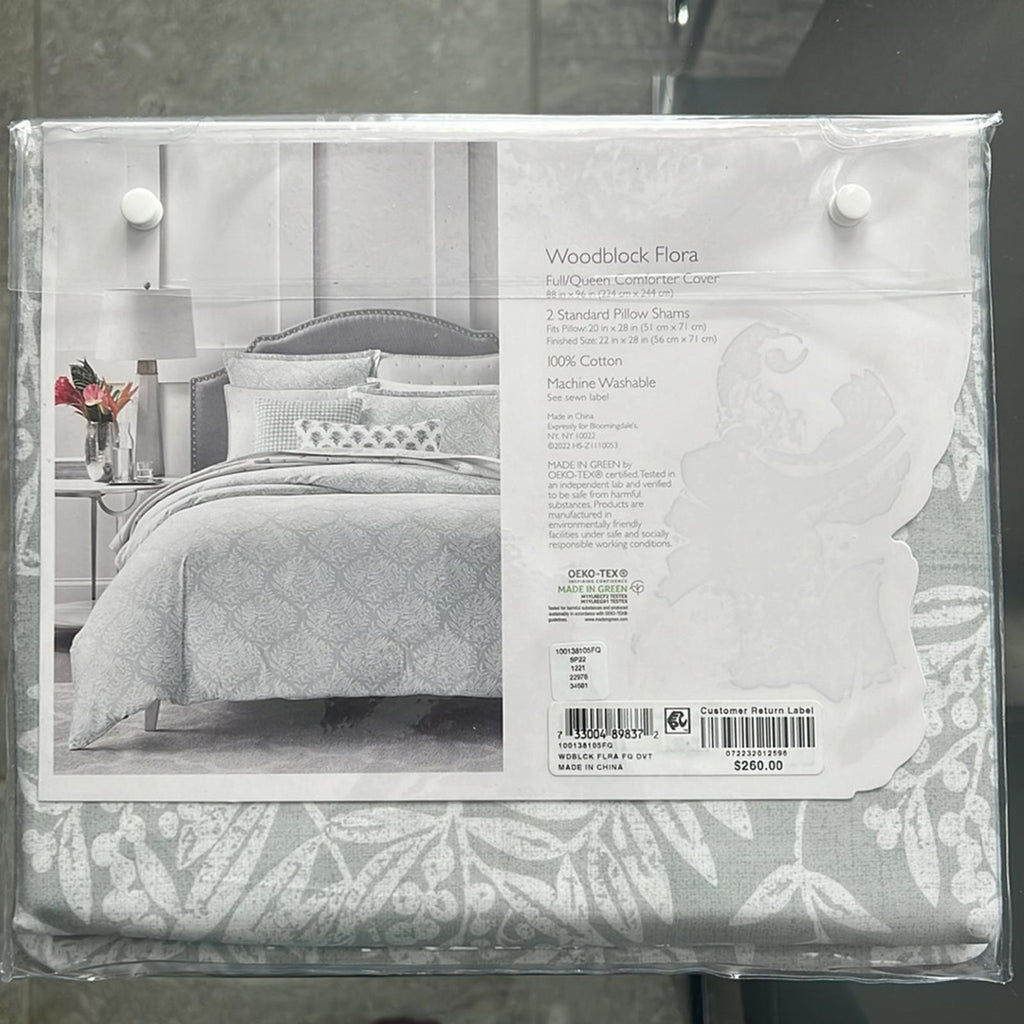 Sky Woodblock Flora Duvet Set in Grey & White, Full/Queen New w/Tag Retail $260