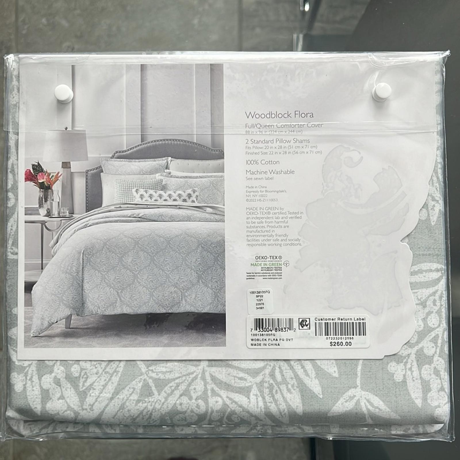 Sky Woodblock Flora Duvet Set in Grey & White, Full/Queen New w/Tag Retail $260