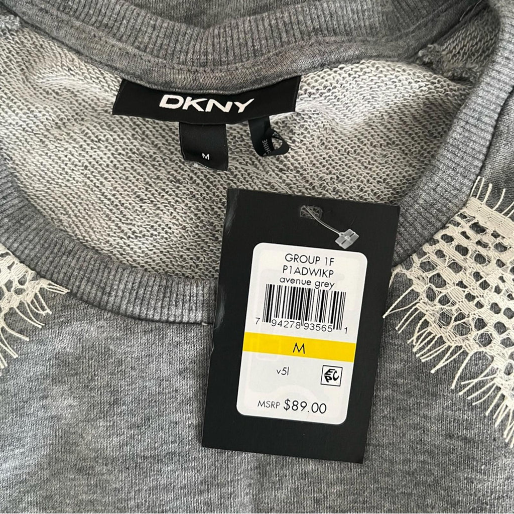 DKNY Lace Drawstring-Waist Crewneck Short Shift Dress Heather Grey, NWT, Size M