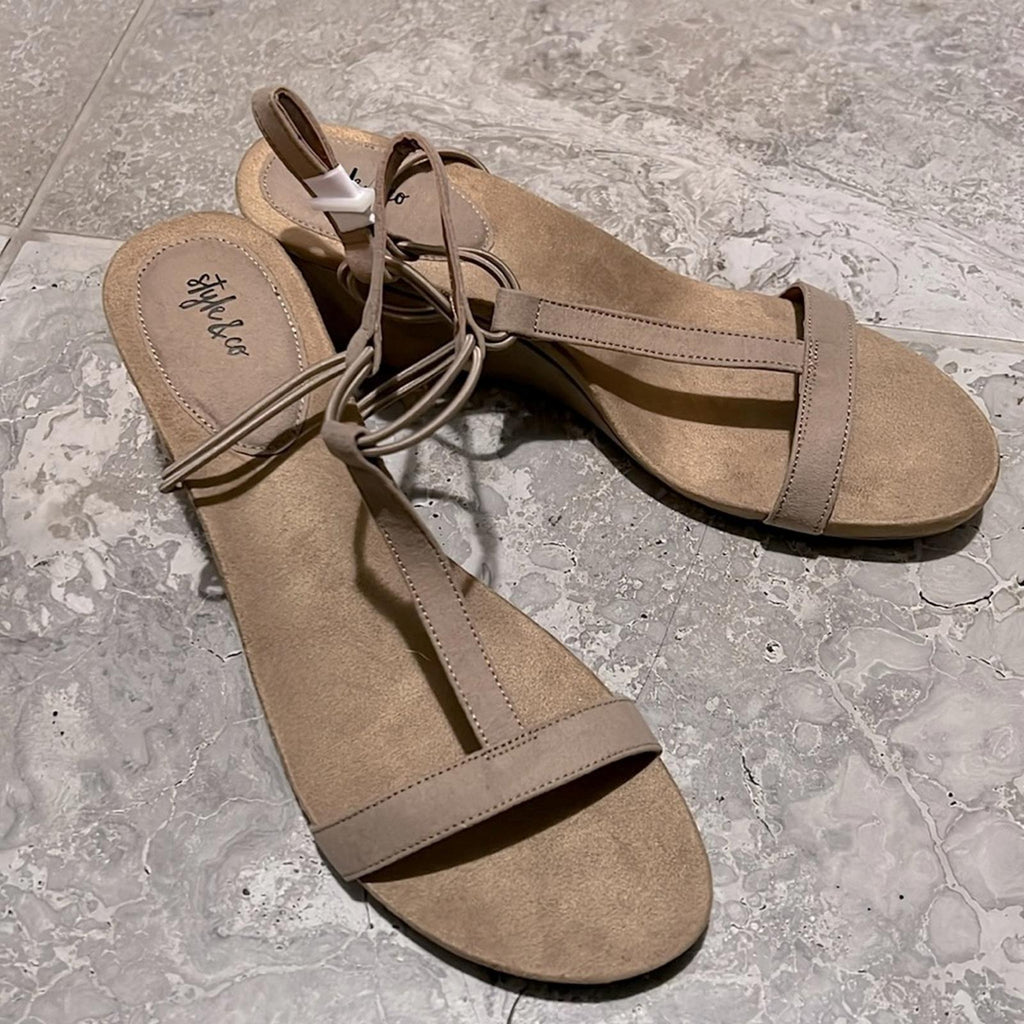 Style & Co Mulan Wedge Sandals in Taupe, Size 12 NEW in Box