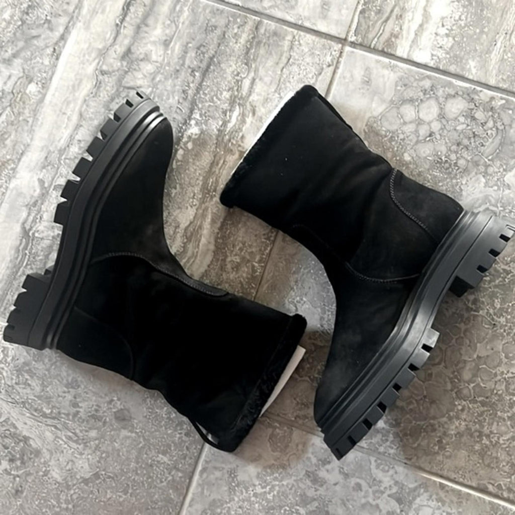Stuart Weitzman Bedford Chill Suede Shearling Moto Boots, Black Size 11 NWT $695