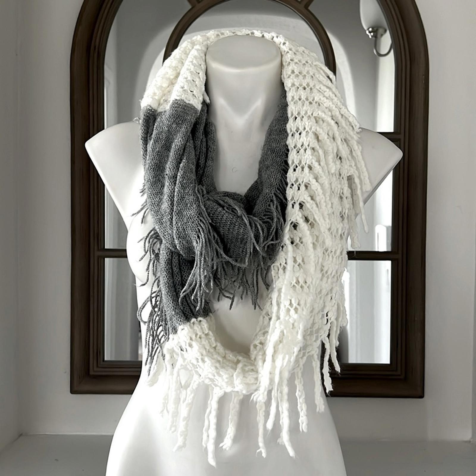 CL Infinity Crochet-Knit Scarf in White & Grey