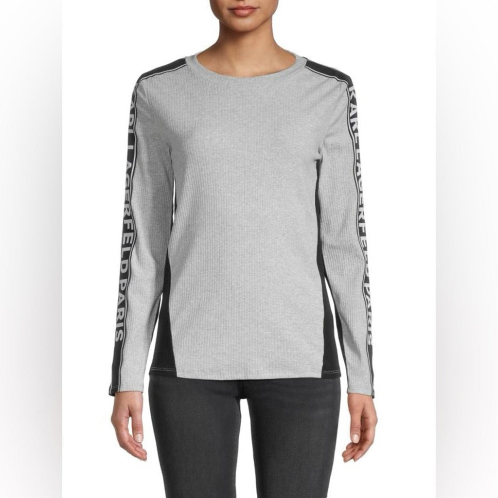 Karl Lagerfeld Paris Logo Tape Long Sleeve Tee, Grey Size S New w/Tag