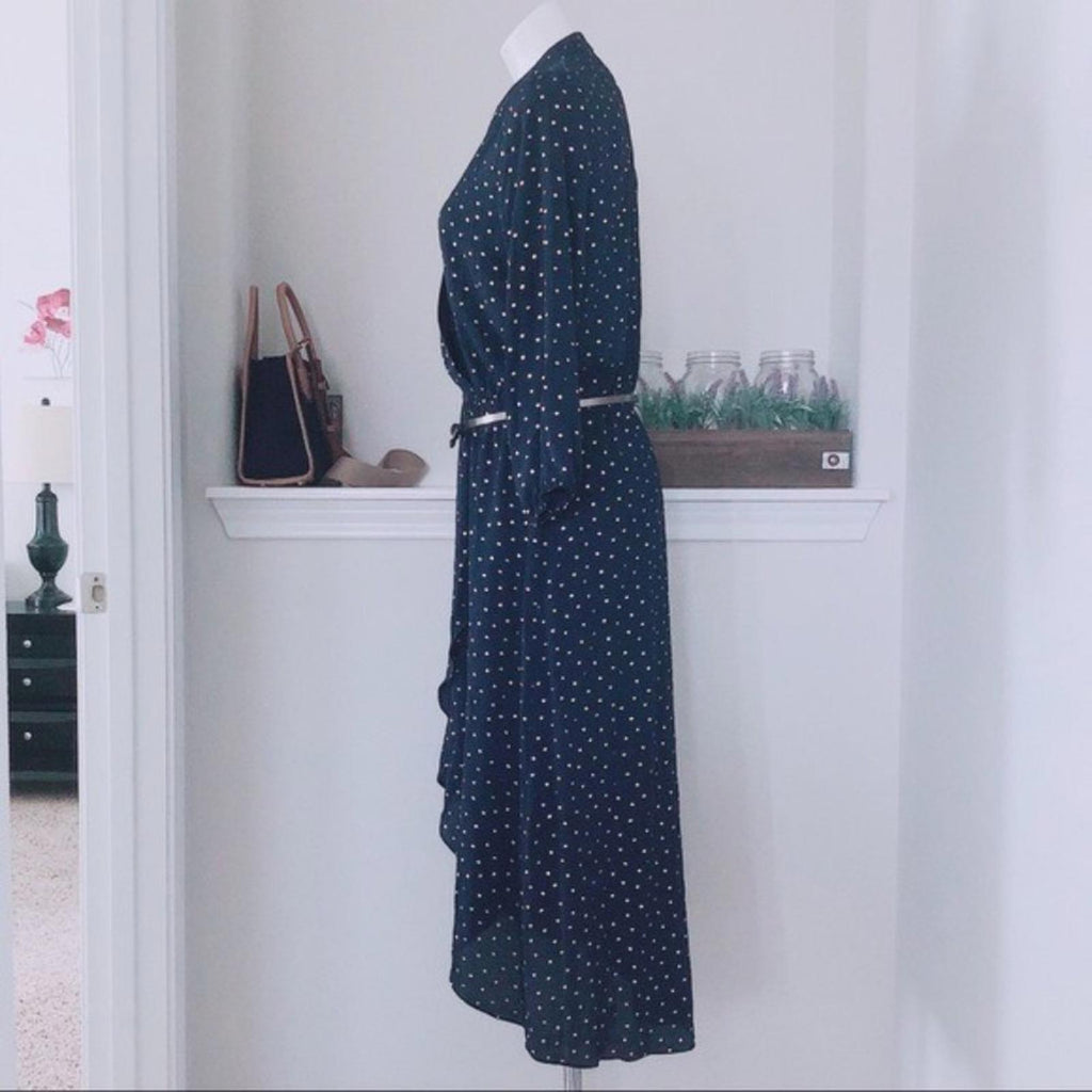 Laundry Faux Wrap Hi-Low Hem Maxi Dress in Navy/Gold Stars, NWT