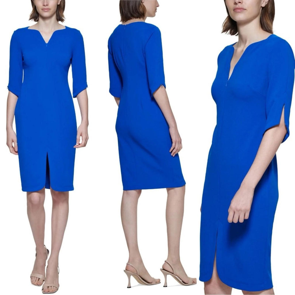 Calvin Klein WHITE Zippered 3/4 Sleeve V-Neck Midi Sheath Dress, Size 4 NWT $134