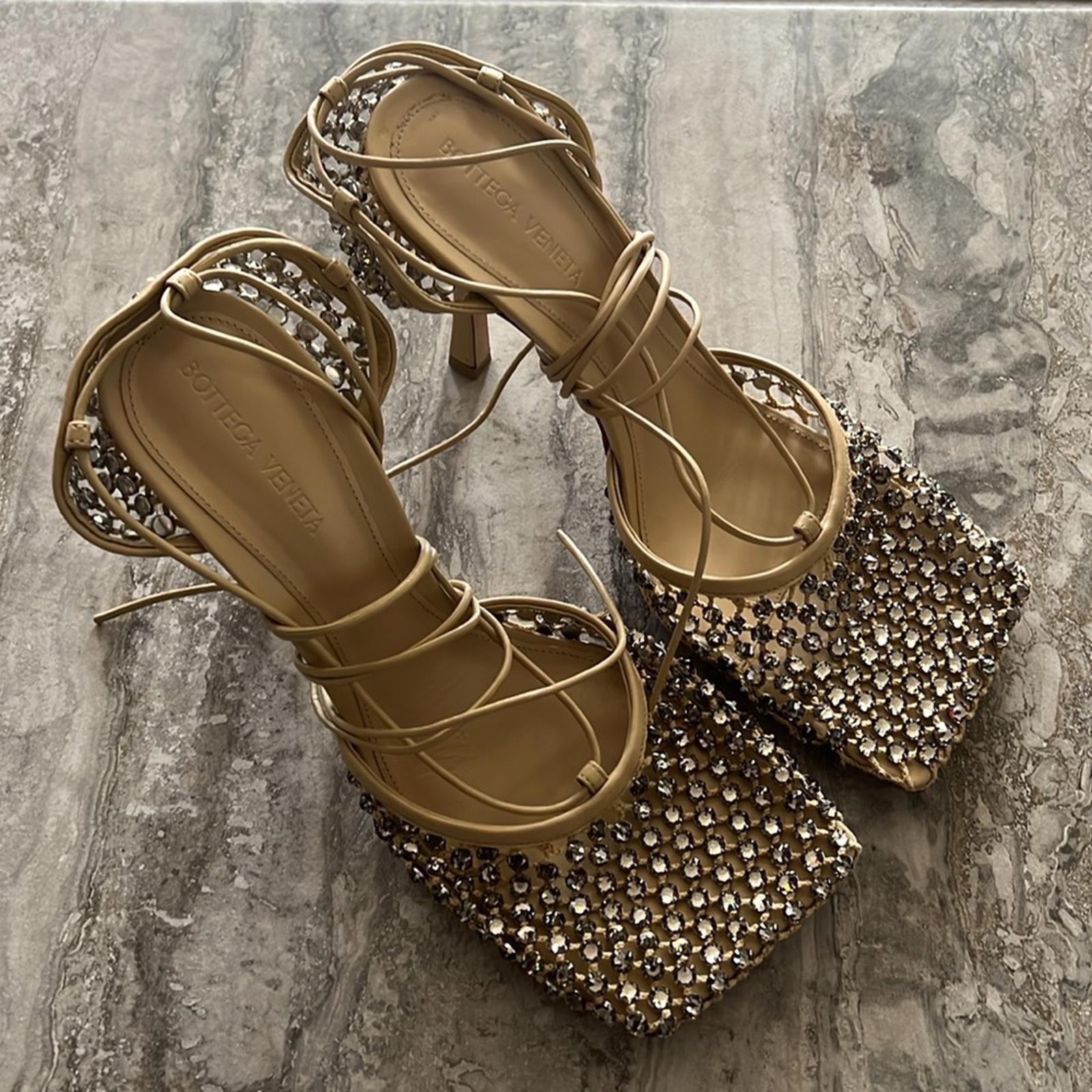 Bottega Veneta Sparkle Stretch Lace-Up Sandals, Toile Size 41 New in Box $1950
