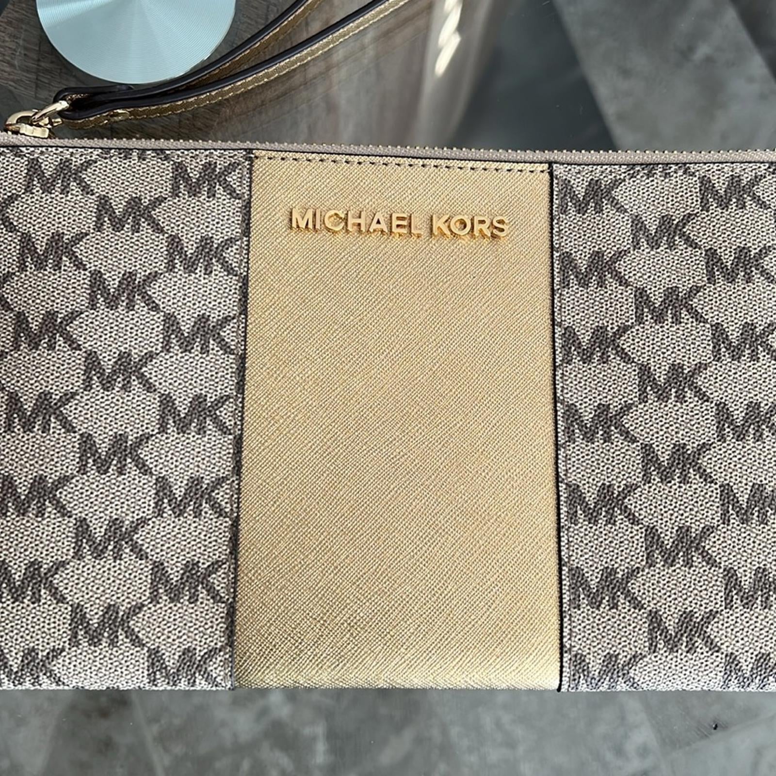 Michael Kors Large Center Stripe Zip Clutch MK Monogram, New w/o Tag Retail $98