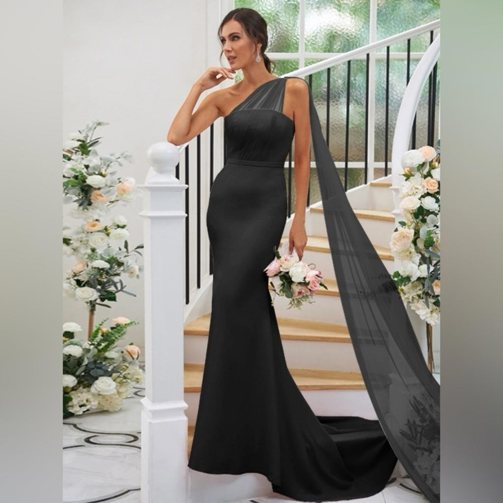 HEBEOS Sheath Stretch Crepe Ruched One-Shoulder Sweep/Train Dress, Black