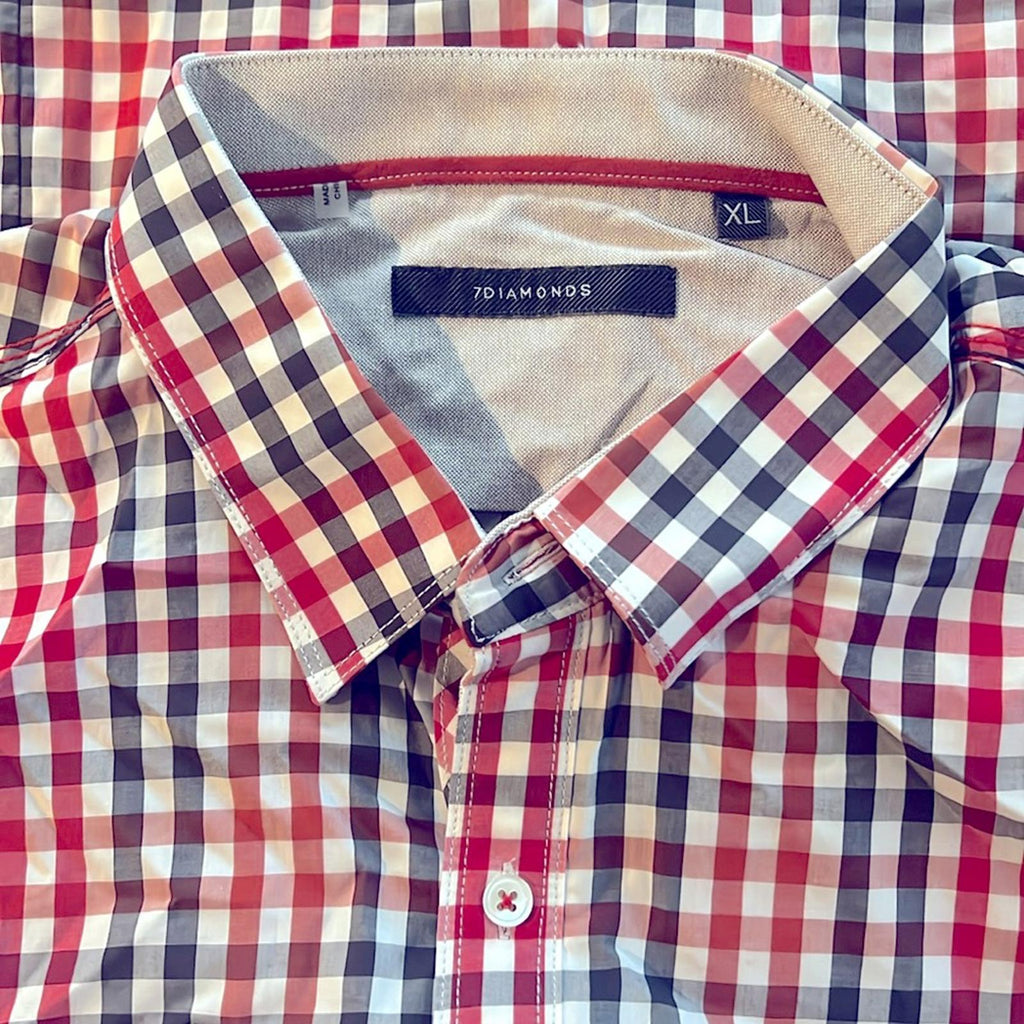 7Diamonds Checkered Button Up Shirt in White/ Navy / Red, Size XL NEW w/Tag