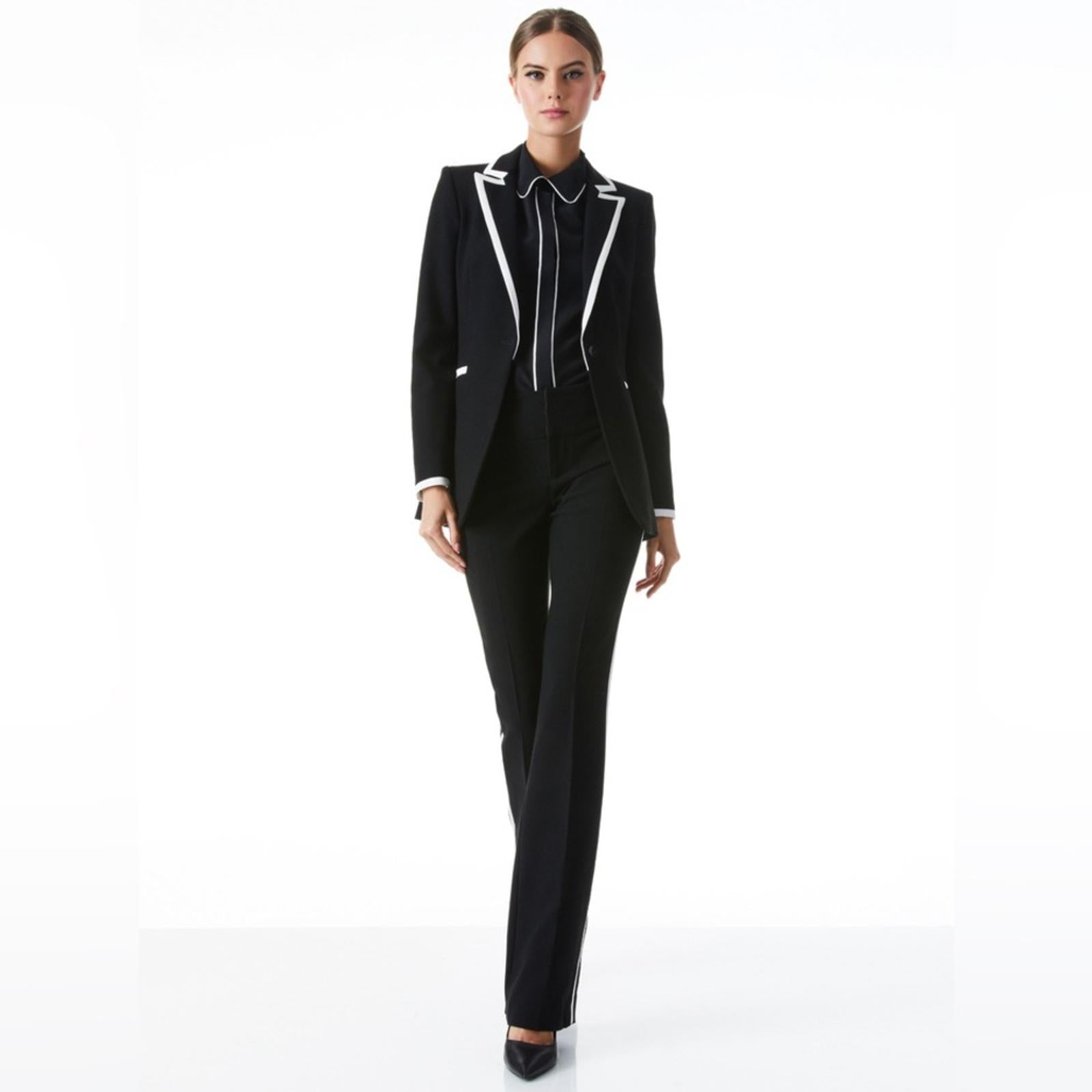 Alice + Olivia Breann Long Fitted Blazer with Piping, Black Size 4, New w/Tag