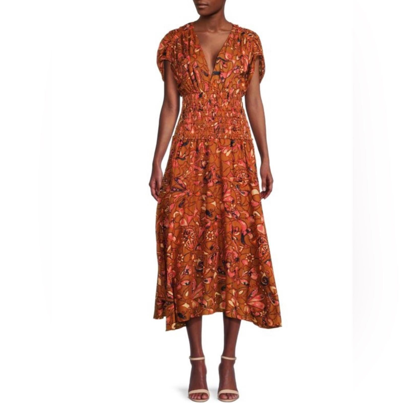 A.L.C. Lucia Floral V Neck Smocked Waist A-Line Midi Dress, Size 2 New w/Tag