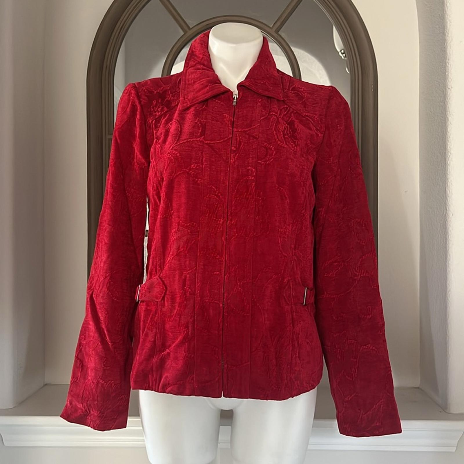 Christopher & Banks Floral Corduroy Front Zip Jacket in Red, Size L EXCELLENT