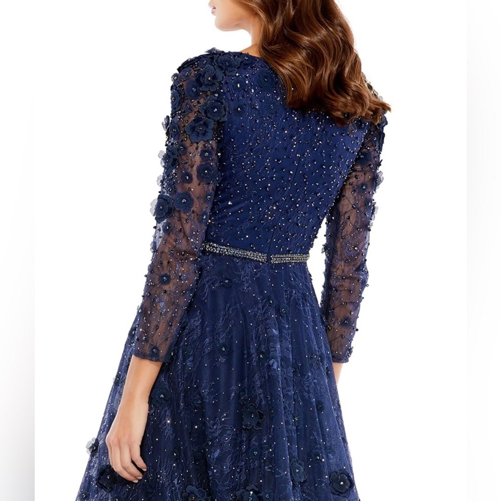 Mac Duggal Fit & Flare Lace Dress w/Floral Appliqués Three-Quarter Sleeve