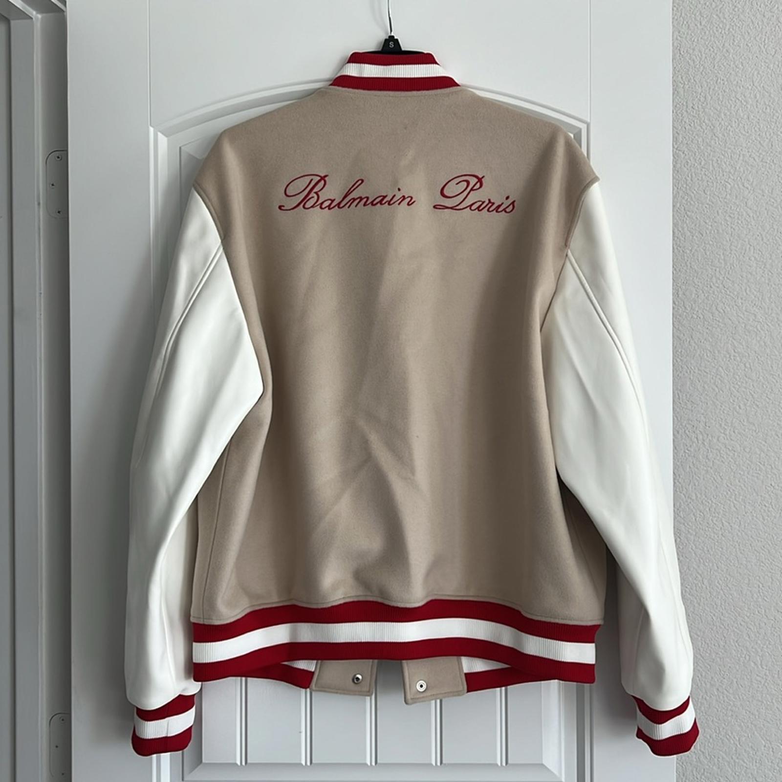 Balmain Embroidered Cursive Logo Letterman Jacket, Size 54