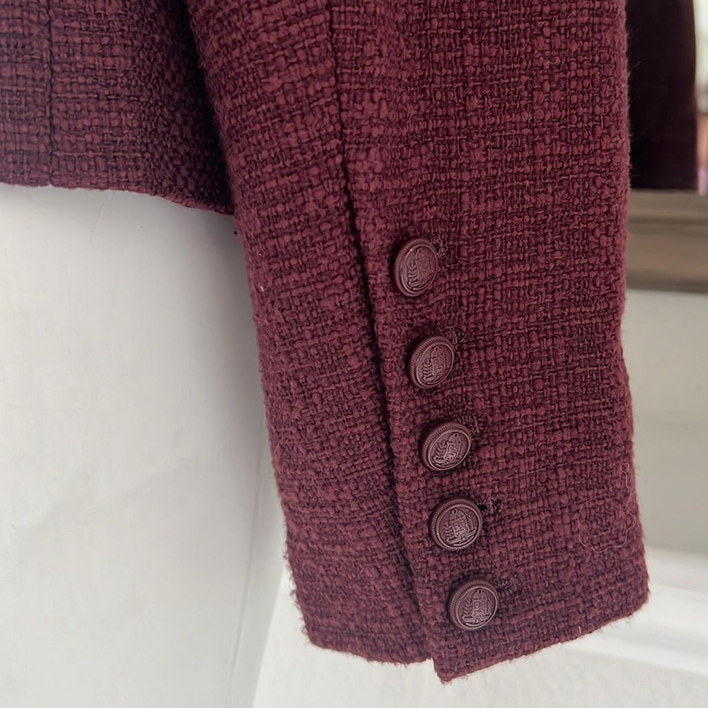 ELIE TAHARI Double Breasted Tweed Blazer in Burgundy, Size L Retail $495