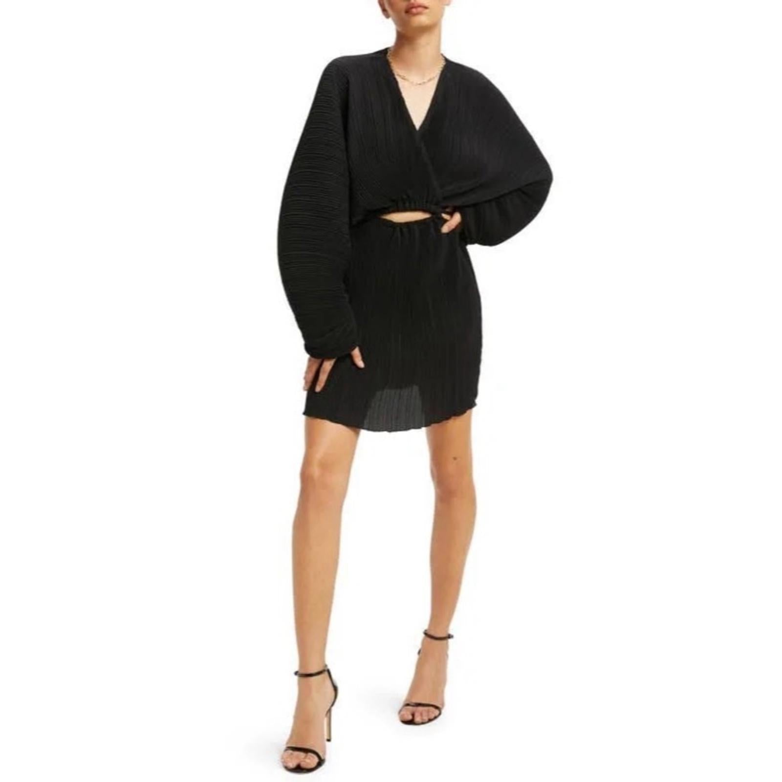 Good American Plissé Sculpted Long Sleeve Cutout Black Mini Dress, NWT, Size 3/4