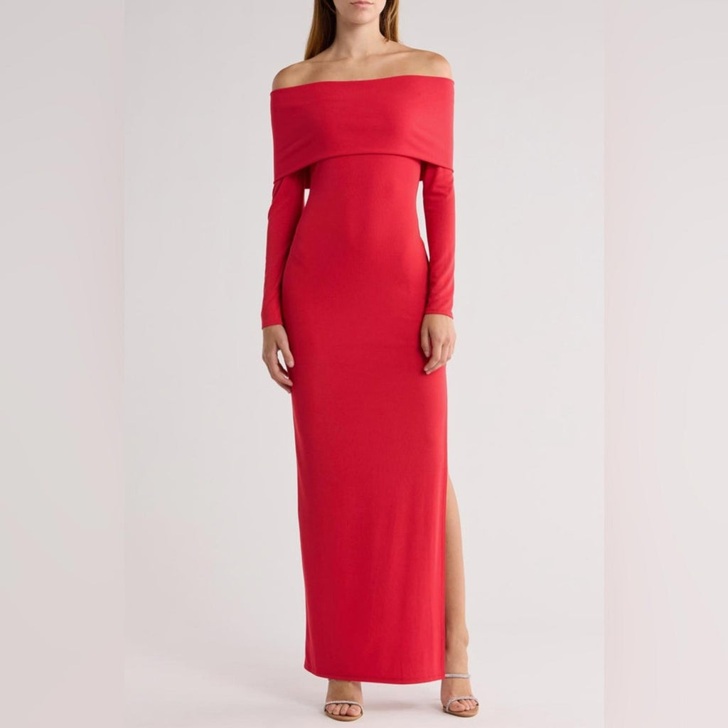 Alice+Olivia Coretta Off-the-Shoulder Long Sleeve Maxi Dress in Red, NWT, Size L