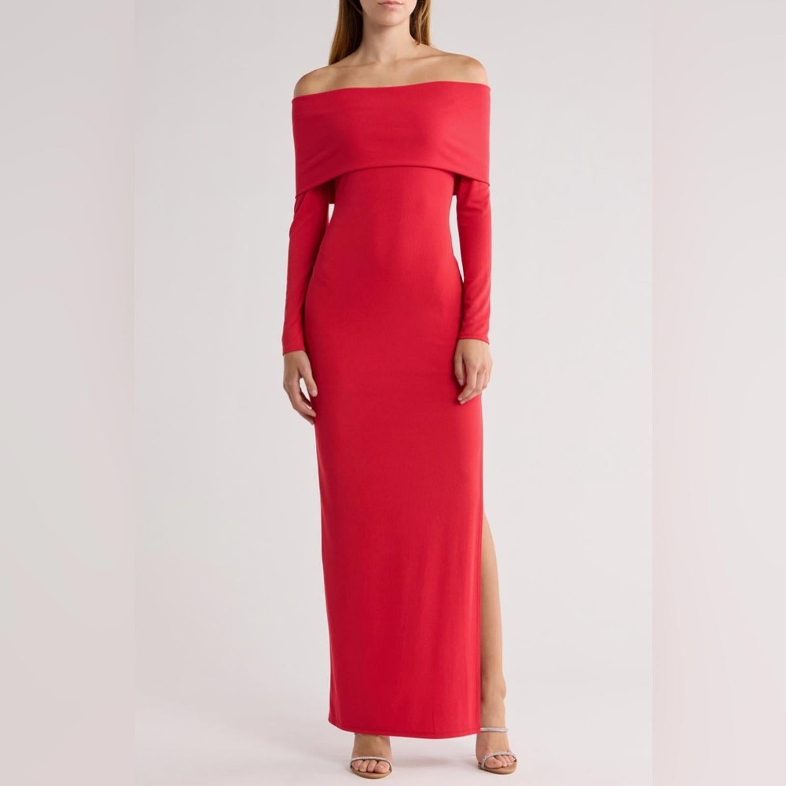 Alice+Olivia Coretta Off-the-Shoulder Long Sleeve Maxi Dress in Red, NWT, Size L