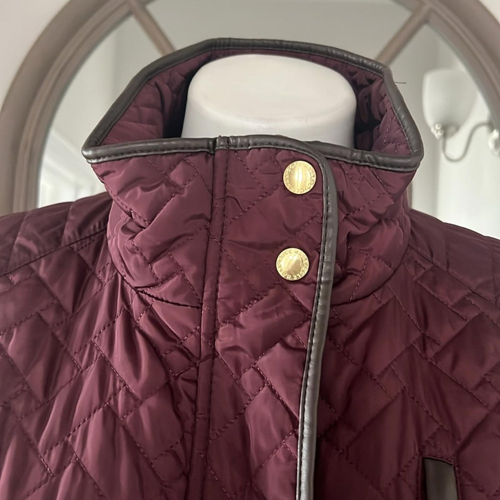 Cole Haan Burgundy Quilted Long Jacket w/Brown Leather Trim, NO BELT XL $260