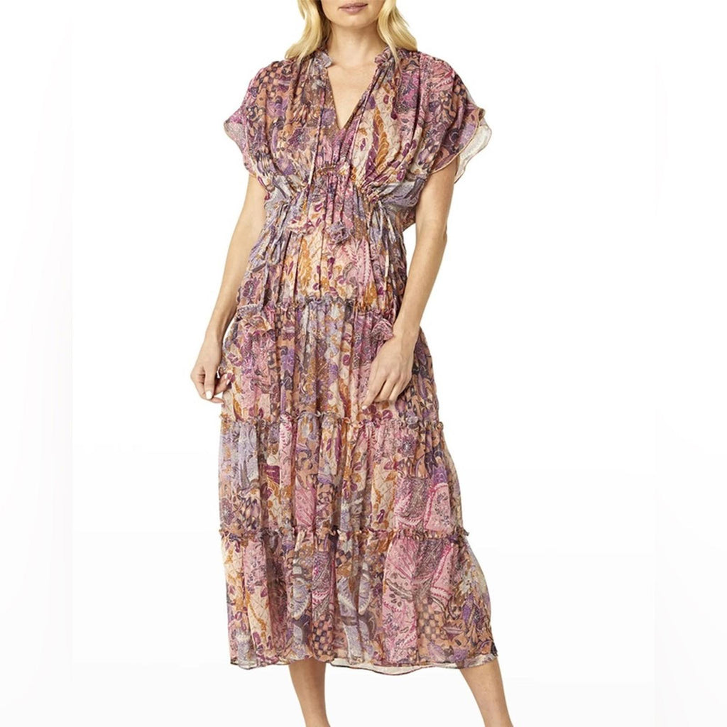 MISA Ilya Split-Neck Tiered Midi Dress, Boho Maxi Size XS New w/Tag $430