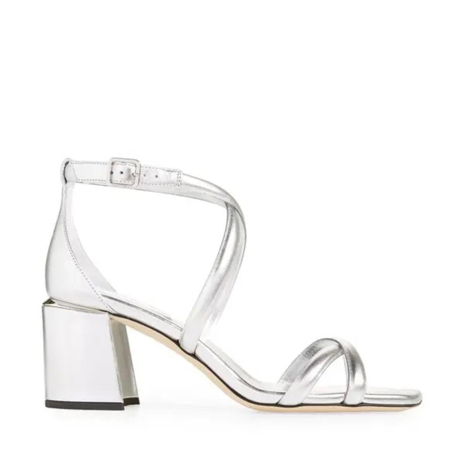 Jimmy Choo Rheea 65 Block Heel Sandals in Silver, Size 36 New in Box w/DustBag