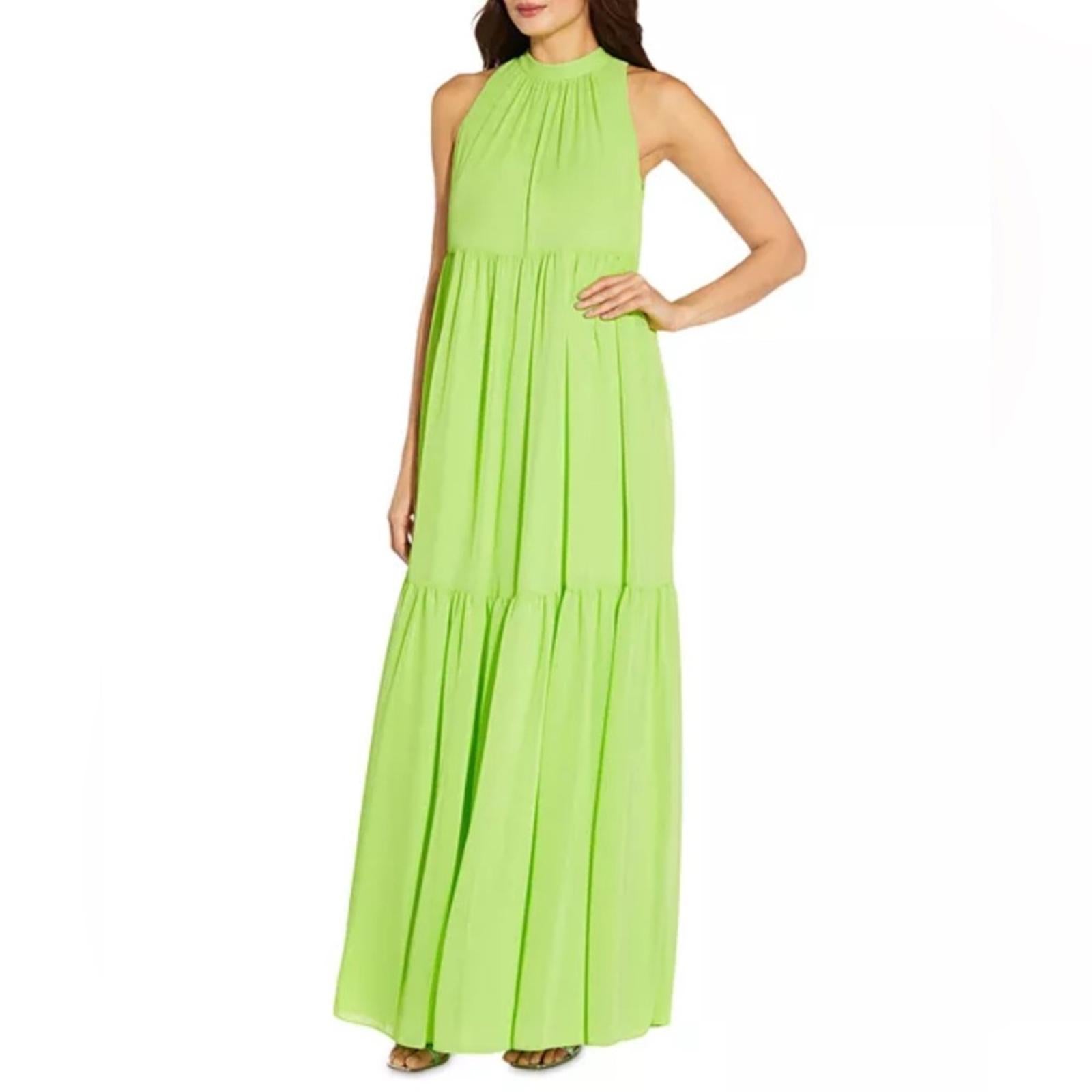 Aidan Mattox Mock Neck Halter Tired Maxi Dress in Lime Green, NWT, Size 2