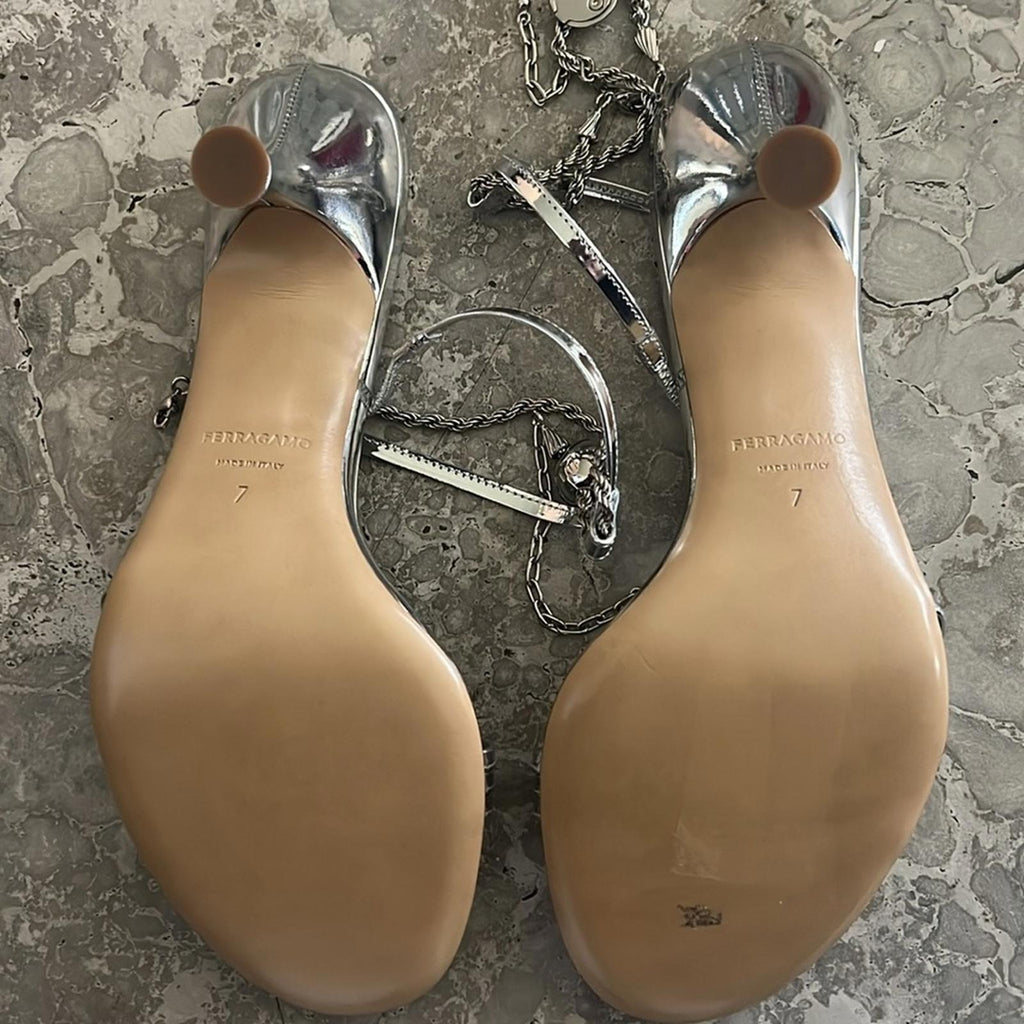 Ferragamo Denise Sandals 70mm in Silver, Size 7 NEW in Box