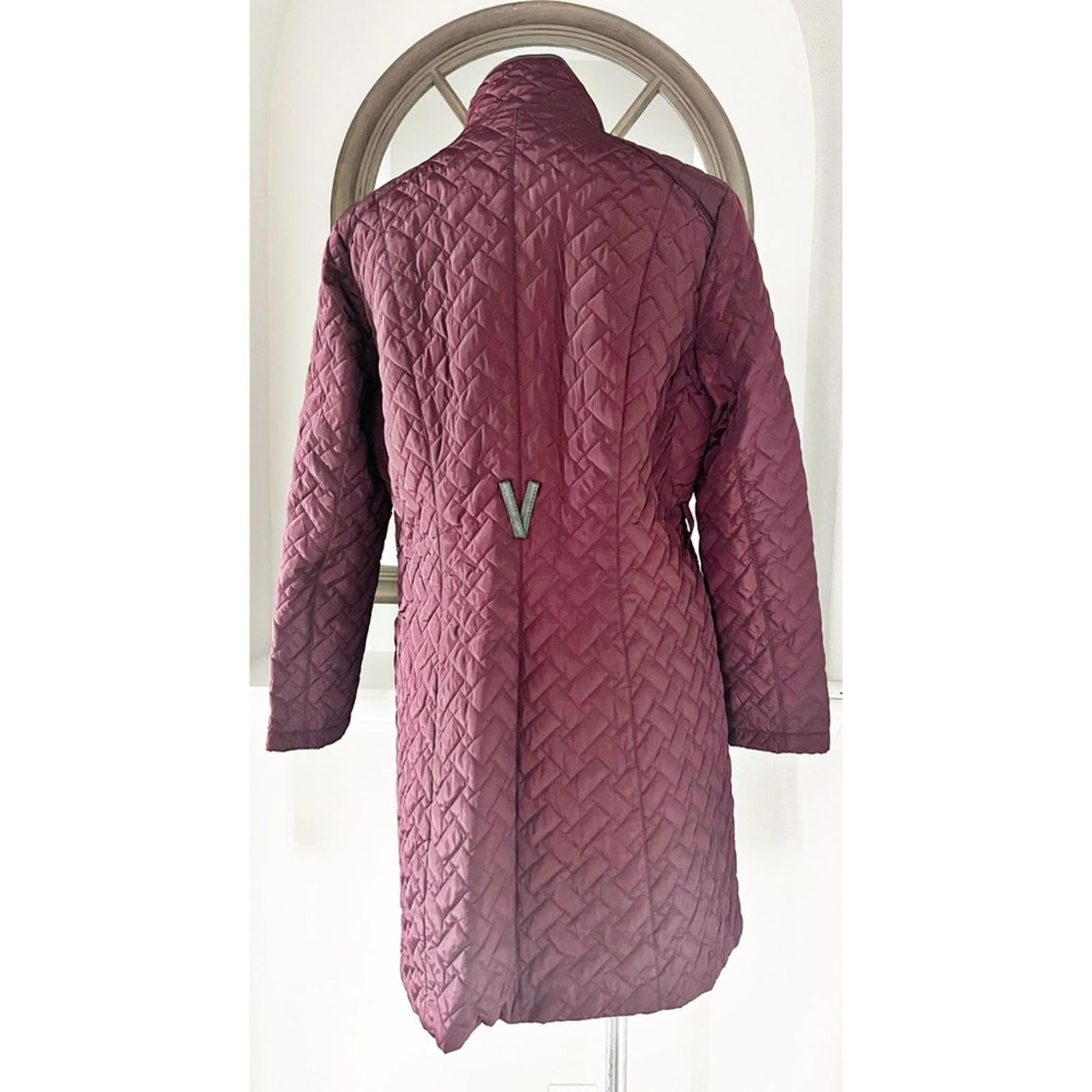 Cole Haan Burgundy Quilted Long Jacket w/Brown Leather Trim, NO BELT XL $260