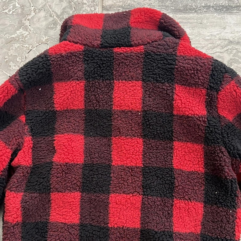 Urban Republic Half-Zip Faux Fur Jacket Girls' S(7/8) RedBlack Buffalo Check NWT