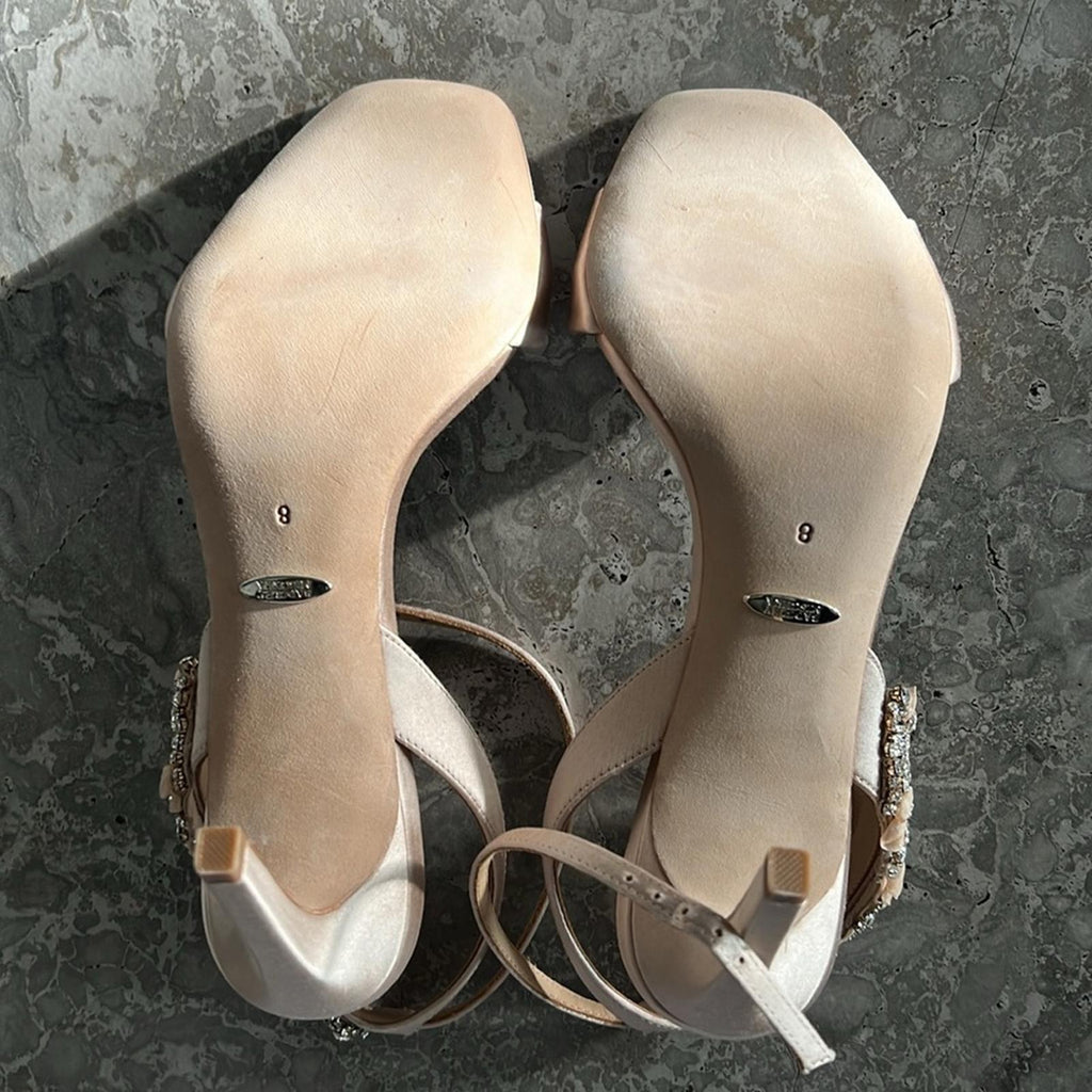 Badgley Mischka Tisha Embellished Heeled Sandals in Nude Satin, Size 8 NEW $245