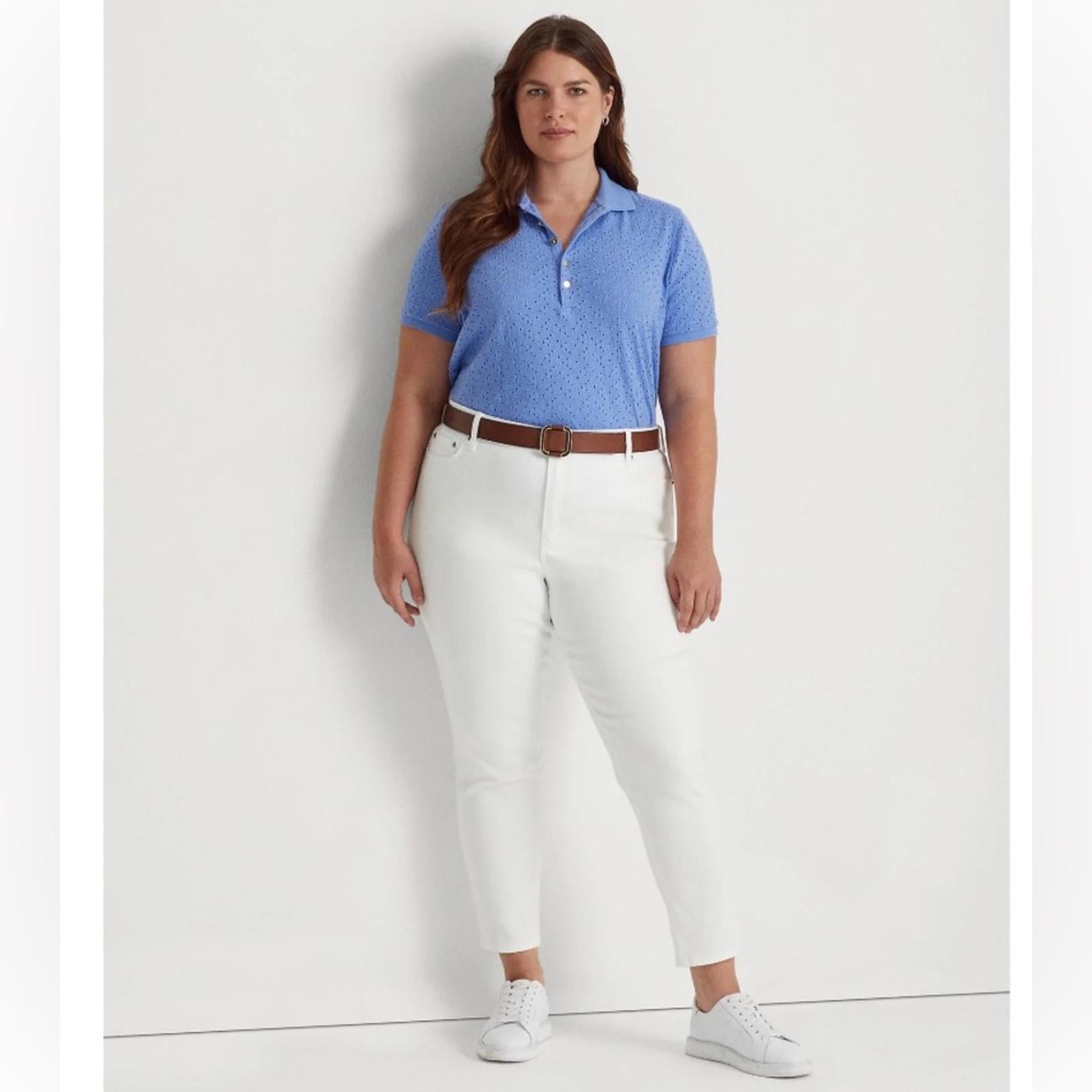 Lauren Ralph Lauren Blue Eyelet Logo Short Sleeve Collared Polo Top Size 1X NWT