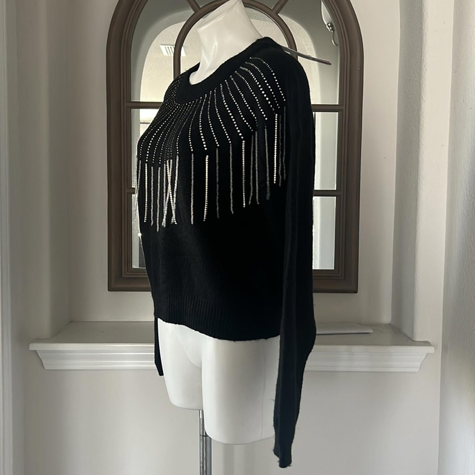 NEW Aqua Rhinestone Fringe Sweater in Black, Size S New w/Tag