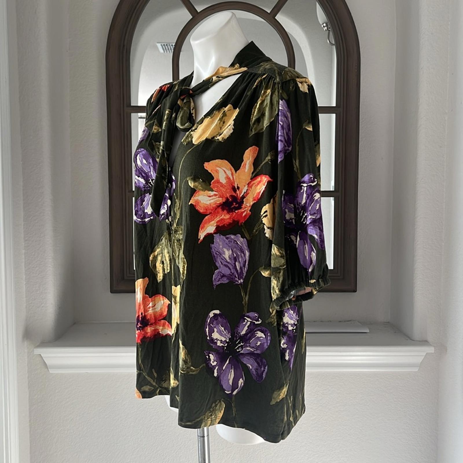 Ralph Lauren Floral Jersey Tie-Neck Blouse in Farm Olive, Plus Size XXL, NWT
