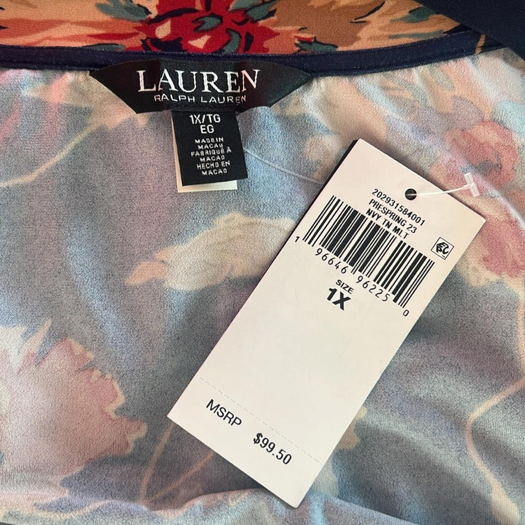 Lauren Ralph Lauren Floral Stretch Jersey Top in Navy Tan Multi Size 1X NWT