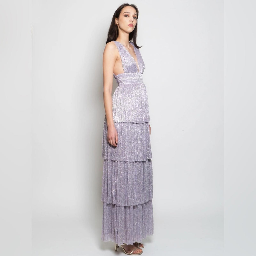 Sabina Musayev Alpha Pleated Knit Layered Maxi Dress, Lilac/Purple Size XL NEW