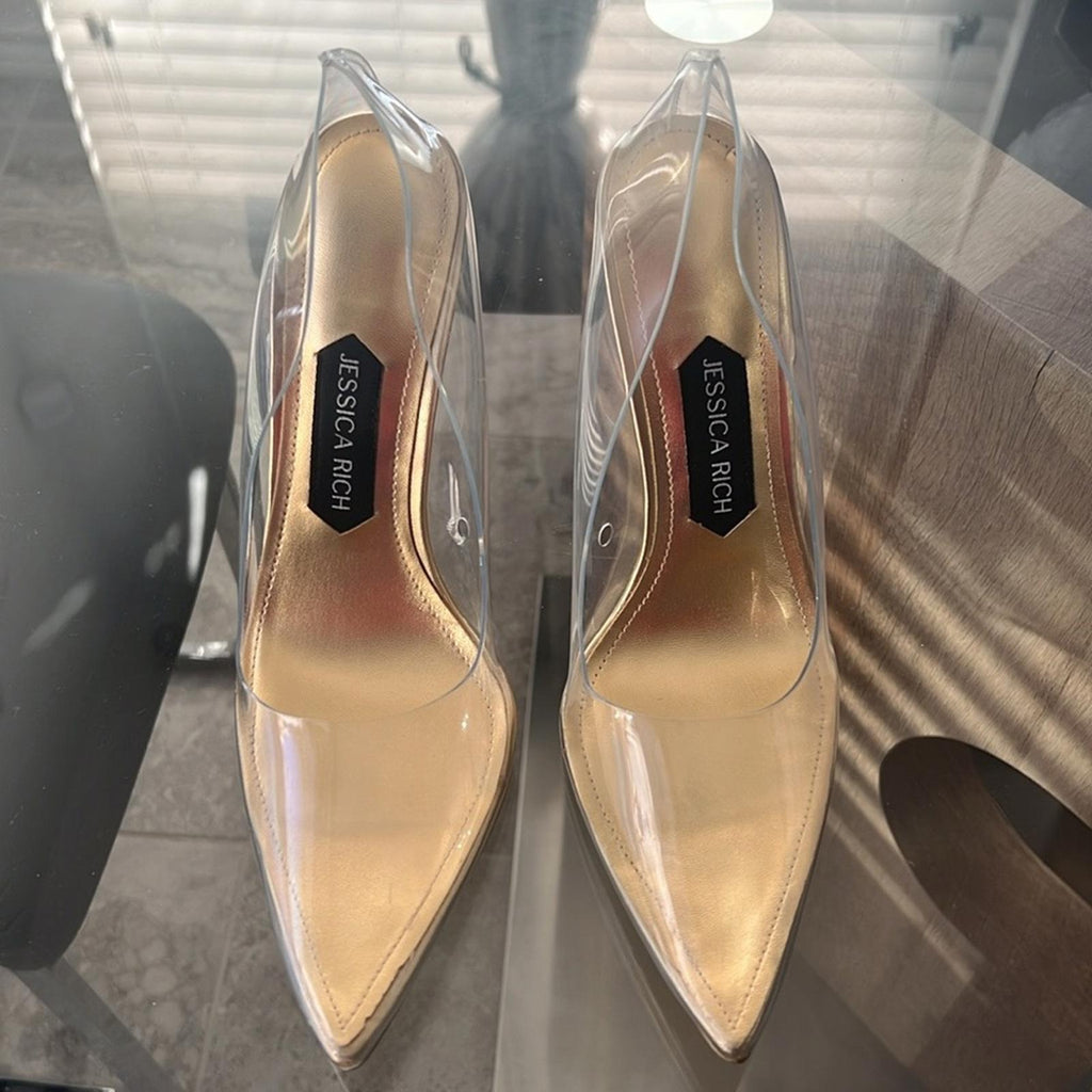 Jessica Rich Fancy Stiletto Clear Vinyl Pumps, Gold Size 37 NEW in Box