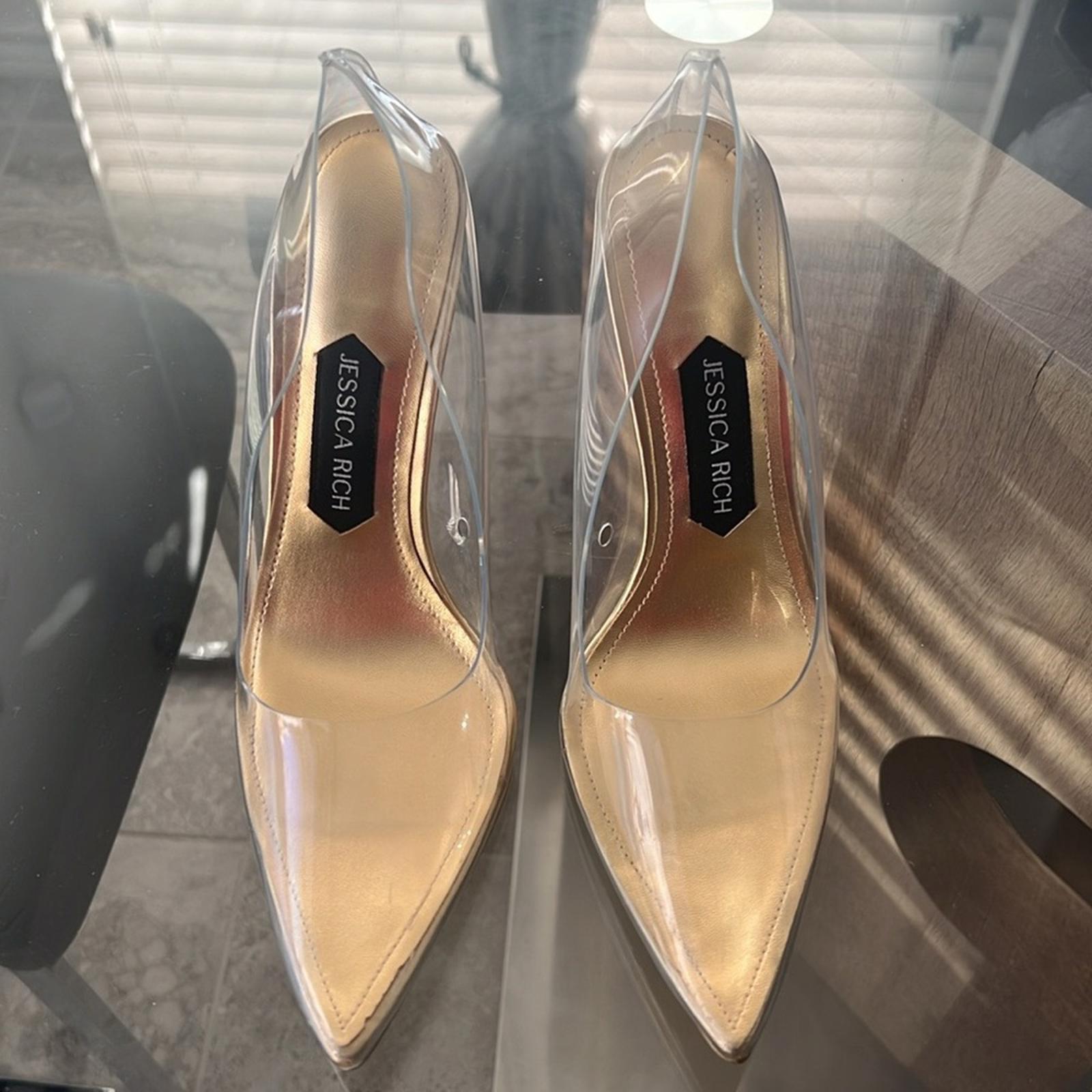 Jessica Rich Fancy Stiletto Clear Vinyl Pumps, Gold Size 37 NEW in Box
