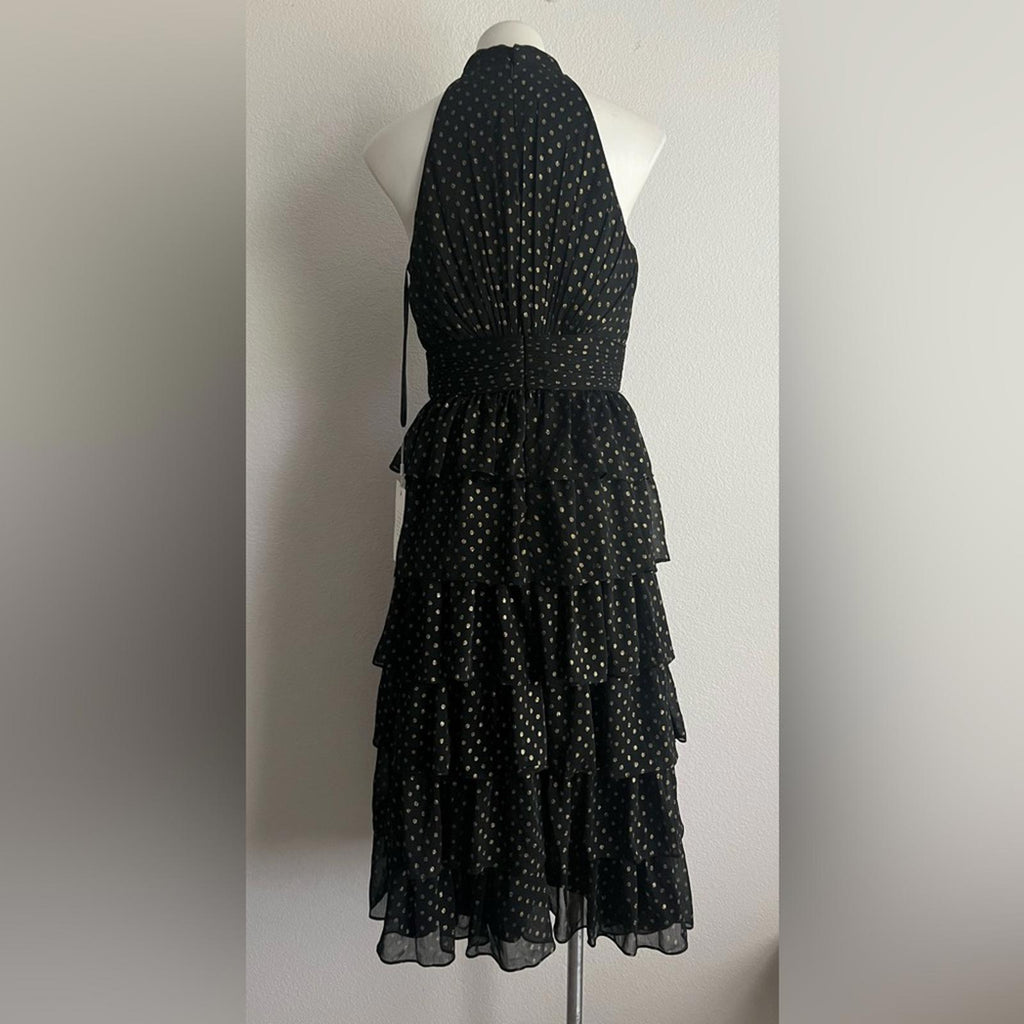 Mac Duggal Black Layered Polka Dot Cocktail Dress in Black/Gold, NWT, Size 8