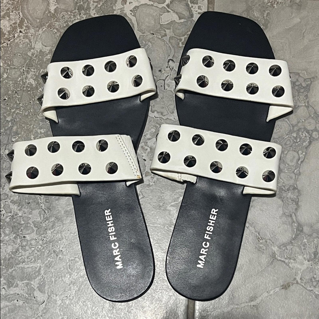 Marc Fisher Bolive Studded Slides Flat Sandals in White/Black, Size 7.5