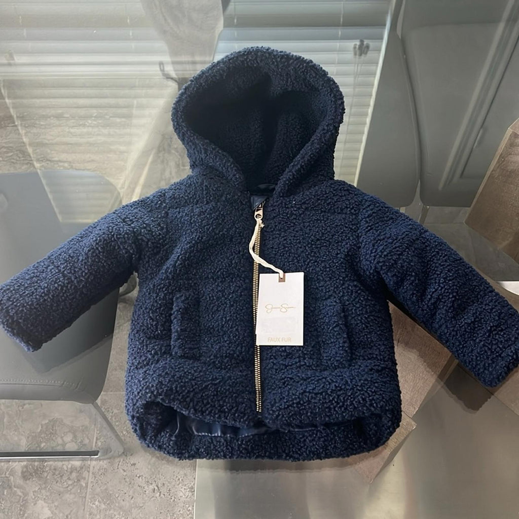 Jessica Simpson Navy Faux Shearling Hooded Jacket, Size 12 Months New w/Tag