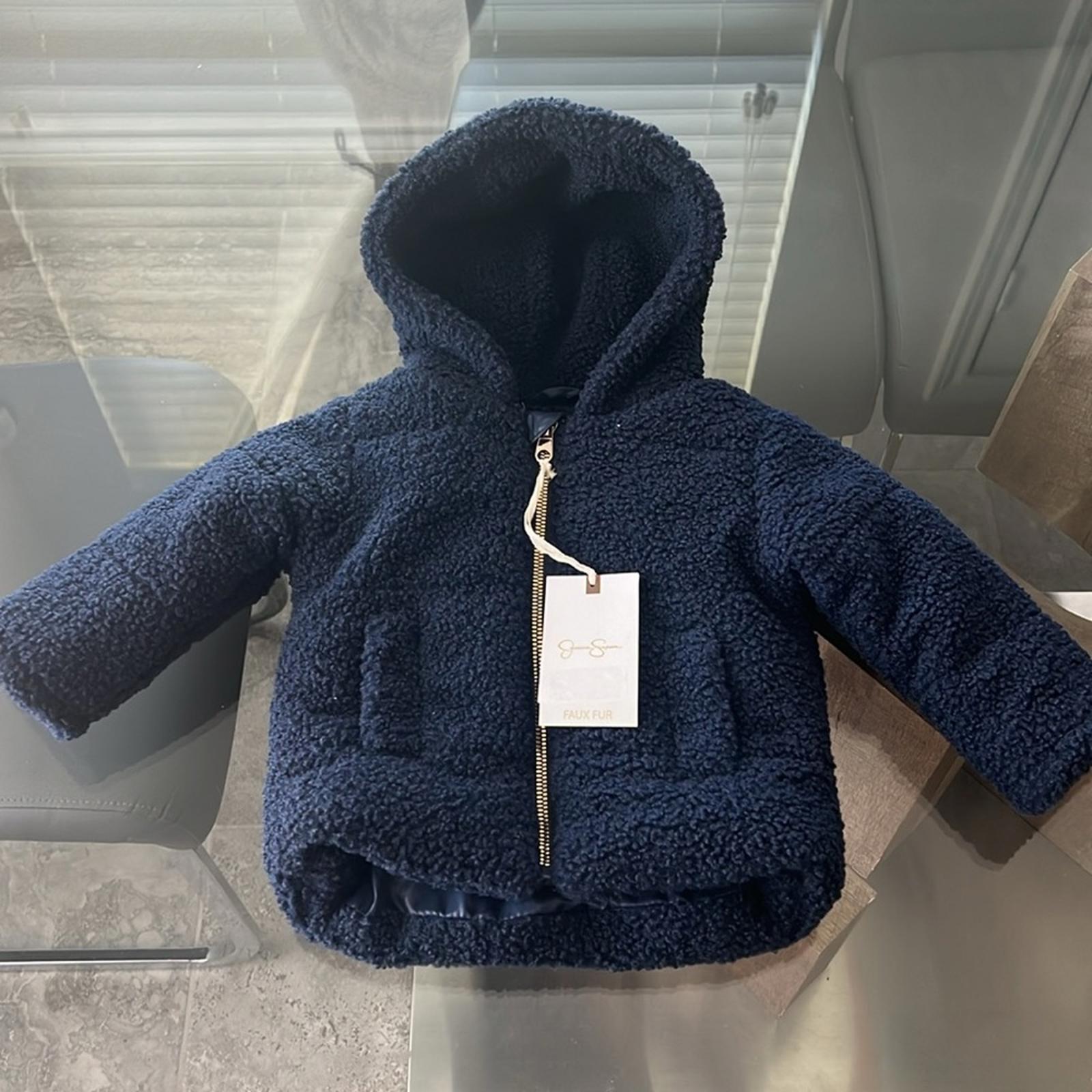 Jessica Simpson Navy Faux Shearling Hooded Jacket, Size 12 Months New w/Tag