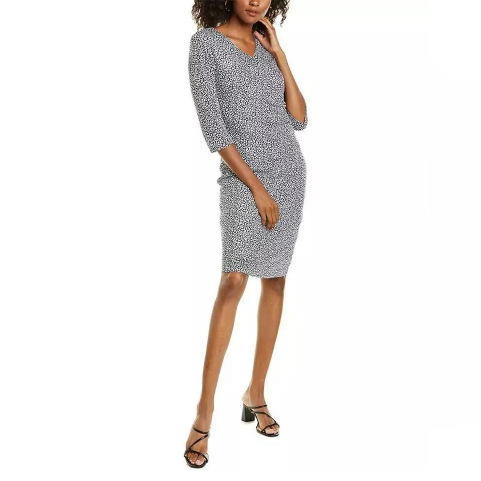 Hugo Boss Epona Midi Dress w/Ruched Left Waist Navy White EXCELLENT! Retail $398
