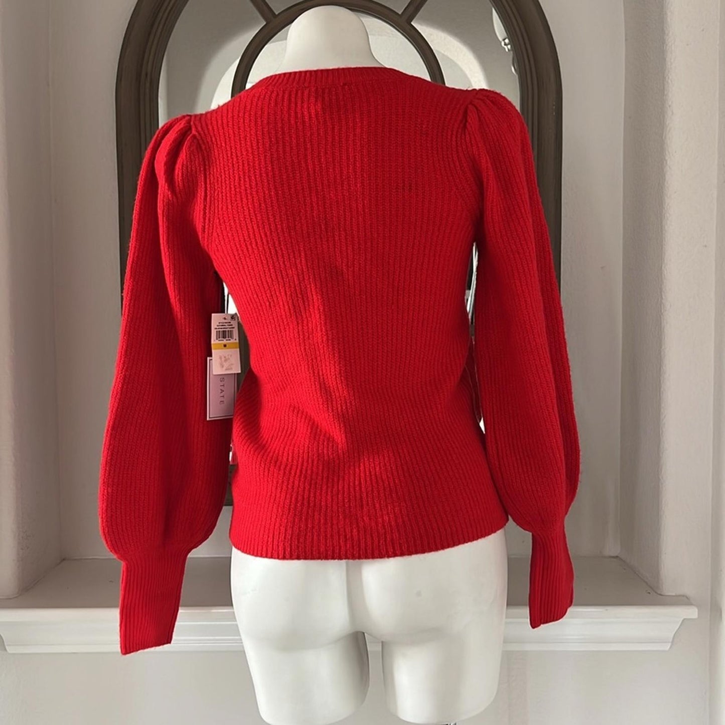 1.STATE Balloon Sleeve Crewneck Rib Sweater in Red, New, Size M