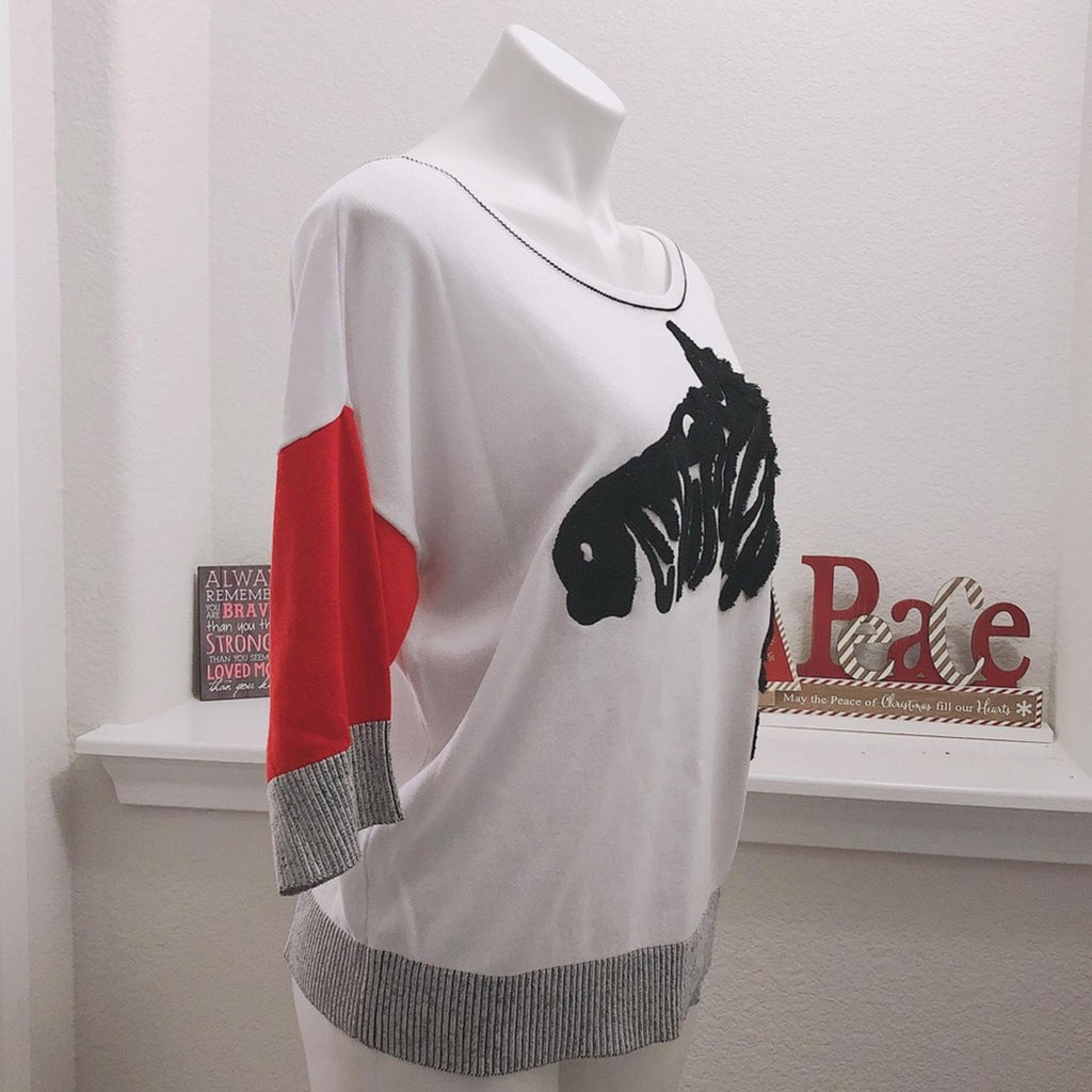 Gabby Isabella Zebra Fringe Sweater in White / Black Size XL New w/Tag