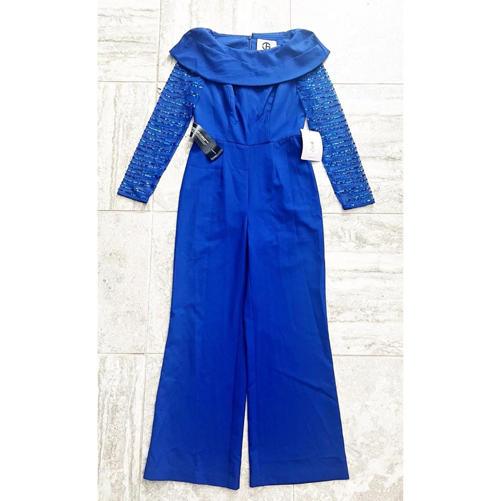 JS Collections Sequined Pintuck Jumpsuit in Blue, Size 4 New w/Tag, Retail $298